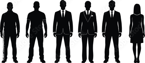 Set of professional business people silhouettes featuring men in suits and a woman in a dress isolated on white background cad drawing flat vector illustration