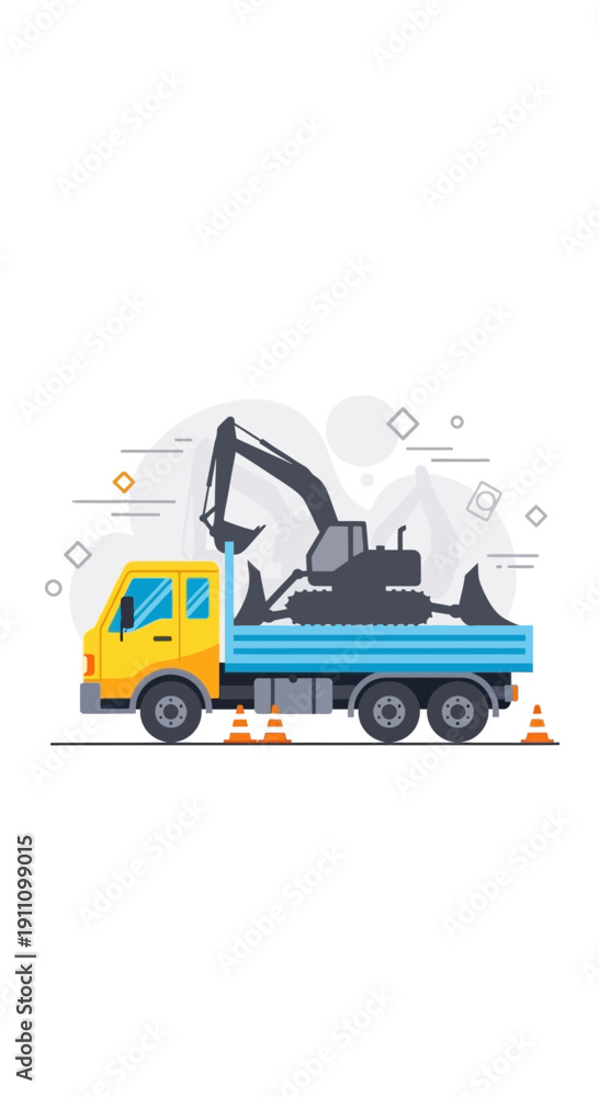 Fototapeta premium Heavy Duty Excavator Transported On Flatbed Truck For Construction Site