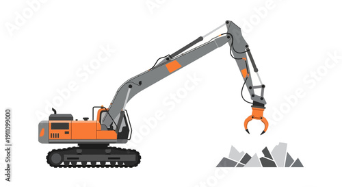 Heavy Duty Excavator With Clam Shell Bucket In Operation