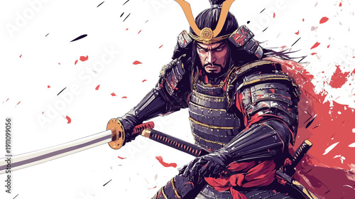 Samurai warrior poised for battle amidst splattered ink