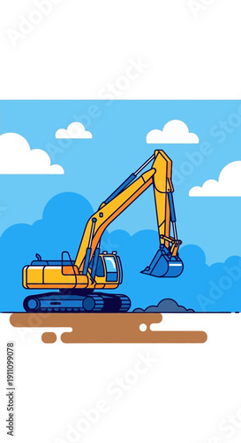 Heavy Duty Excavator Working On Construction Site Under Blue Sky With Clouds