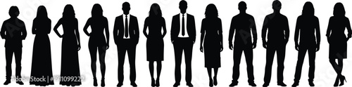 WebLarge diversity group of professional and casual people silhouettes, business men and women standing in a row for corporate teamwork