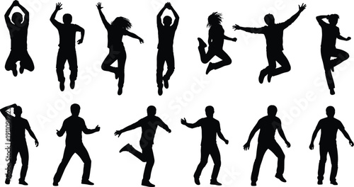 Set of young man silhouettes jumping for joy, dancing, and celebrating in various active poses isolated on a white background.