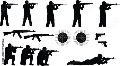 Shooting Range Military Training Silhouettes Set with Soldiers Aiming Rifles Targets and Handguns Flat Vector Illustration Concept Design for Army Defense