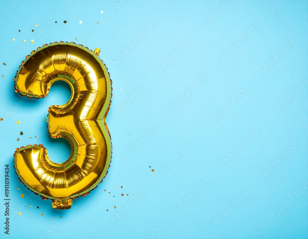 Fototapeta premium altın renkli balon 3 rakamı ve mavi metin boşluk arka planı