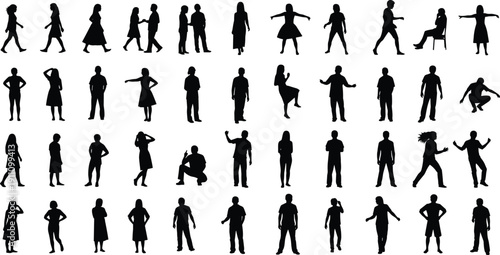 Collection of diverse people silhouettes in various standing, walking, and casual poses, black human figure vector set for design use