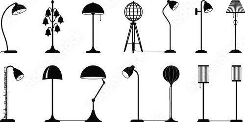 Collection of modern and vintage floor lamp silhouettes, decorative home lighting vector illustration set for interior design and furniture themes