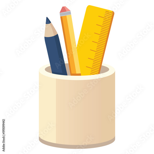 A minimalistic image showcasing a pencil, pen, and ruler neatly arranged in a cylindrical container, perfect for design and crafting