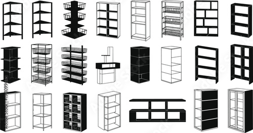 Collection of retail display shelves and storage rack silhouettes, shop furniture vector illustration set for supermarket and store interior design