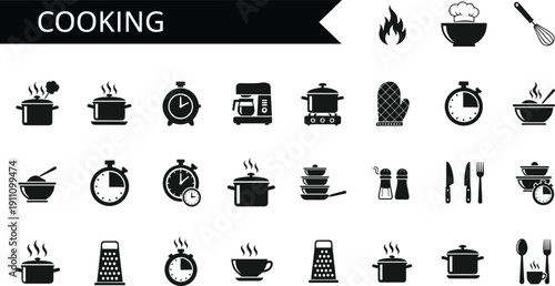 Cooking kitchen icons collection with pots, utensils, appliances, and food symbols, modern culinary vector illustration set for menu and design