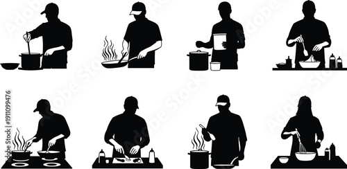 Cooking people silhouettes preparing food in kitchen with pots, pans, and utensils, culinary activity vector illustration set for lifestyle design