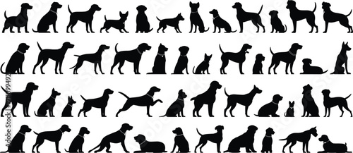 WebLarge collection of dog breed silhouettes in various poses including standing, sitting, and play bow, isolated on white background for design.