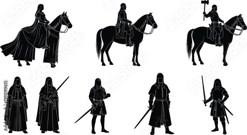Medieval warriors and riders silhouettes with swords, armor, and horses, historical knight vector illustration set for fantasy and battle themes