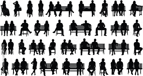 People sitting silhouette vector collection, men and women on park bench, waiting room chair, resting figures set, isolated on white background.