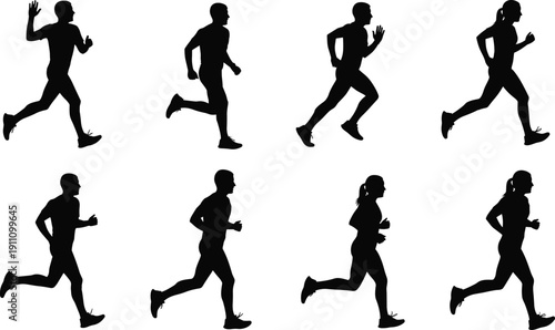 Running people silhouettes in athletic motion, male and female joggers fitness activity vector illustration set for sport and healthy lifestyle
