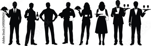 Restaurant waiter and hospitality staff silhouettes serving food and drinks, professional catering service vector illustration set for dining industry design