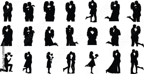 Romantic couple silhouettes in love poses including proposal, kissing, hugging, and wedding scenes, relationship vector illustration collection for Valentine design