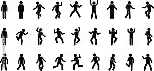 Stick figure people icons in various walking, running, and jumping poses, simple human activity vector illustration set for motion design