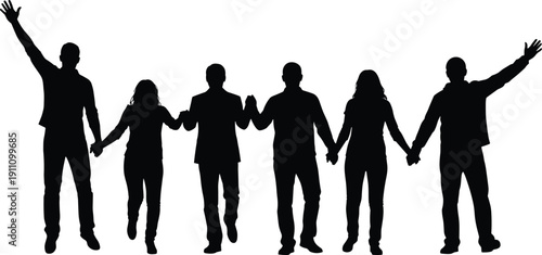 Silhouette of a Diverse Group of Happy People Holding Hands and Raising Arms in Unity, Cooperation, Success, and Community Support