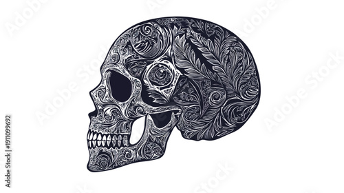 Ornate skull illustration with floral patterns and details