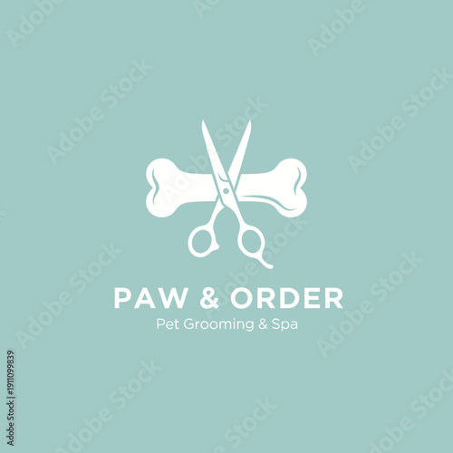 Pet grooming logo featuring scissors and bones design