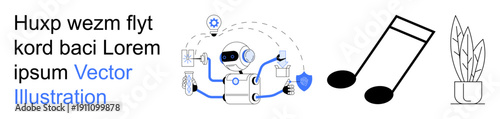 Artificial intelligence, technology, automation, workplace decor, music, future innovation. Robot with tech symbols, musical notes plant in a pot. Artificial intelligence and technology