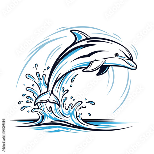 Playful dolphin leaping over ocean waves, vibrant splash