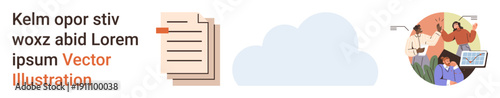 Business Networking. Data storage, teamwork, digital collaboration, cloud computing, document management. Icon of documents with cloud and team discussing analytics. Data storage and teamwork concept