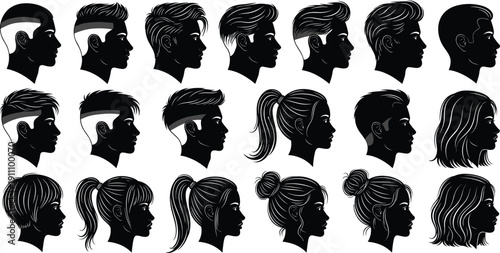 Set of male and female head silhouettes with various modern hairstyles, black side view vector profiles isolated on white background.