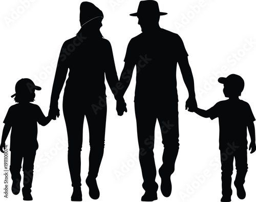 Silhouette of a happy family with two children and parents walking together holding hands for lifestyle parenting and togetherness concepts