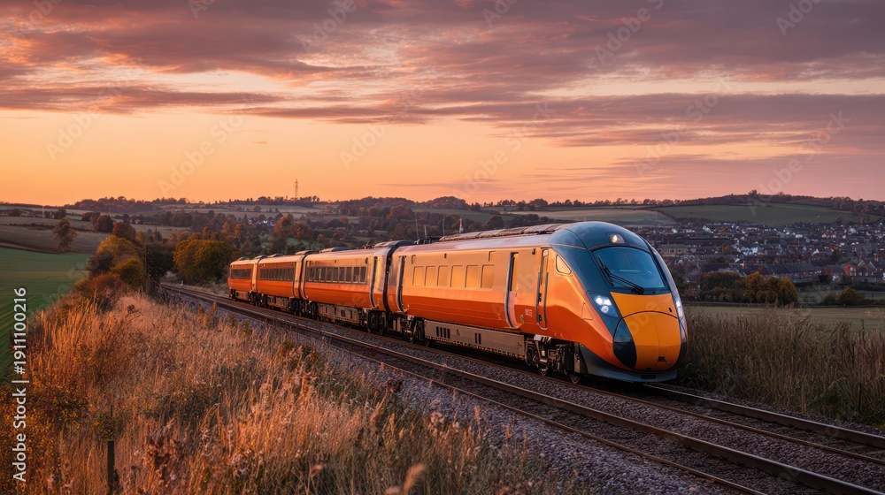 Fototapeta premium Rural landscape at sunset with a fast train along the tracks