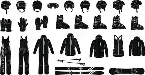 Ski and snowboard equipment set with helmets goggles gloves boots jackets pants poles skis and snowboard cad drawing flat vector illustration silhouettes.