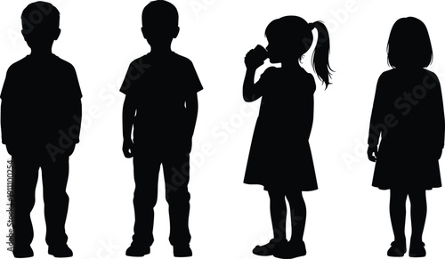 Standing School Children Silhouette Vector Set Featuring Diverse Kids Boy and Girl Poses for Education Learning Childhood Development and Back to School Designs