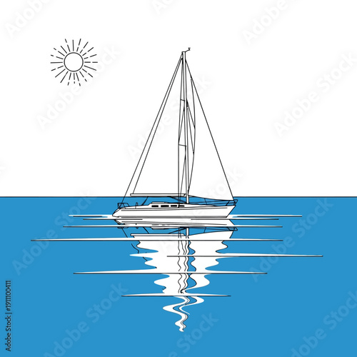 Sailboat Gliding on Calm Waters with Sun Above