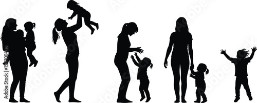 vector illustration of group of people silhouettes dancing and celebrating with raised arms isolated on white background.