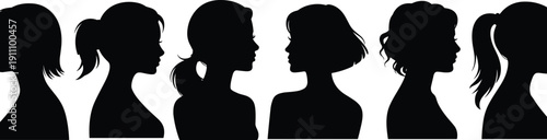 Set of vector black silhouettes of beautiful woman faces in profile with different hairstyles for beauty salon and fashion design
