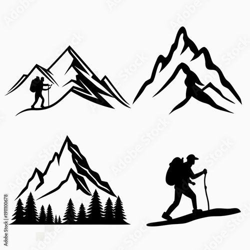 Hiking silhouettes in various mountain landscapes Vector