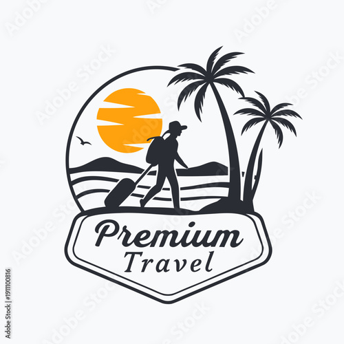 A logo for premium travel with a person walking on the beach Vector