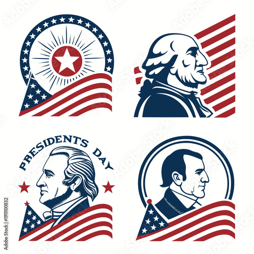 Presidents day icons with american flags and portraits Vector