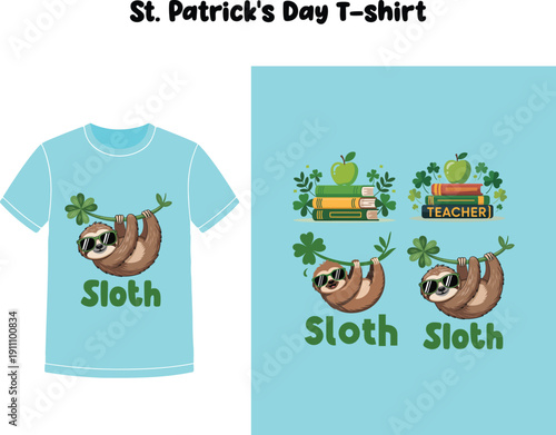 St patricks day tshirt design with sloth and shamrock illustration on blue background