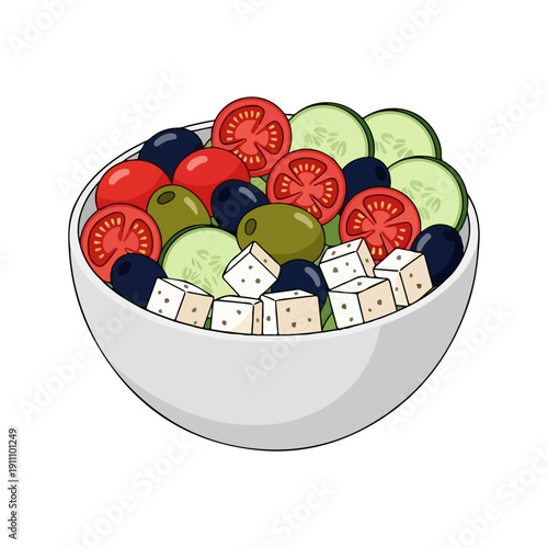 Fresh Greek Salad Realistic Flat Vector Illustration Isolated on White Background