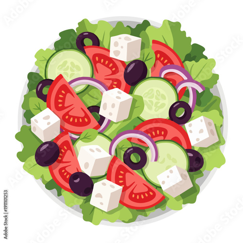 Fresh Greek Salad Realistic Flat Vector Illustration Isolated on White Background