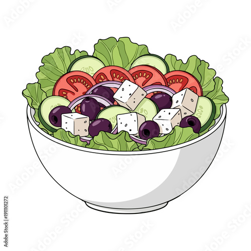 Fresh Greek Salad Realistic Flat Vector Illustration Isolated on White Background