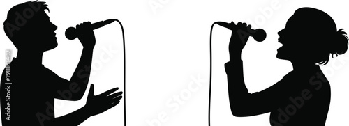 Vector black silhouette of male and female singers holding microphones and performing a duet song for karaoke music design