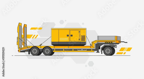 Heavy Duty Generator Transport On Flatbed Trailer Vector Illustration