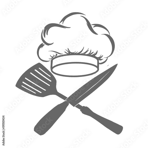 chef's hat or toque blanche icon with frying spoon and kitchen knife
