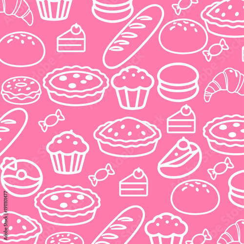 Bakery confectionery outline food seamless textile pattern on pink color background 
