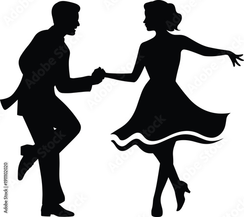 Vector silhouette of happy couple dancing retro swing, rock and roll, energetic man and woman performing together on dance floor.
