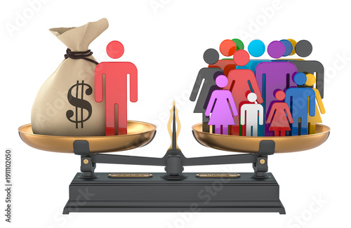 World Day of Social Justice or wealth inequality concept with scales and people, 3D rendering