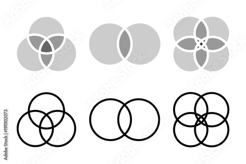 Set of Venn diagrams with 2, 3 and 4 intersected circles isolated on white background. Templates for statistics chart, presentation, analytics schema or infographic layout. Vecor graphic illustration
